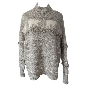 LOFT Polar Bear Fringe Mock Neck Marled Knit Sweater XL Beige Winter Pullover